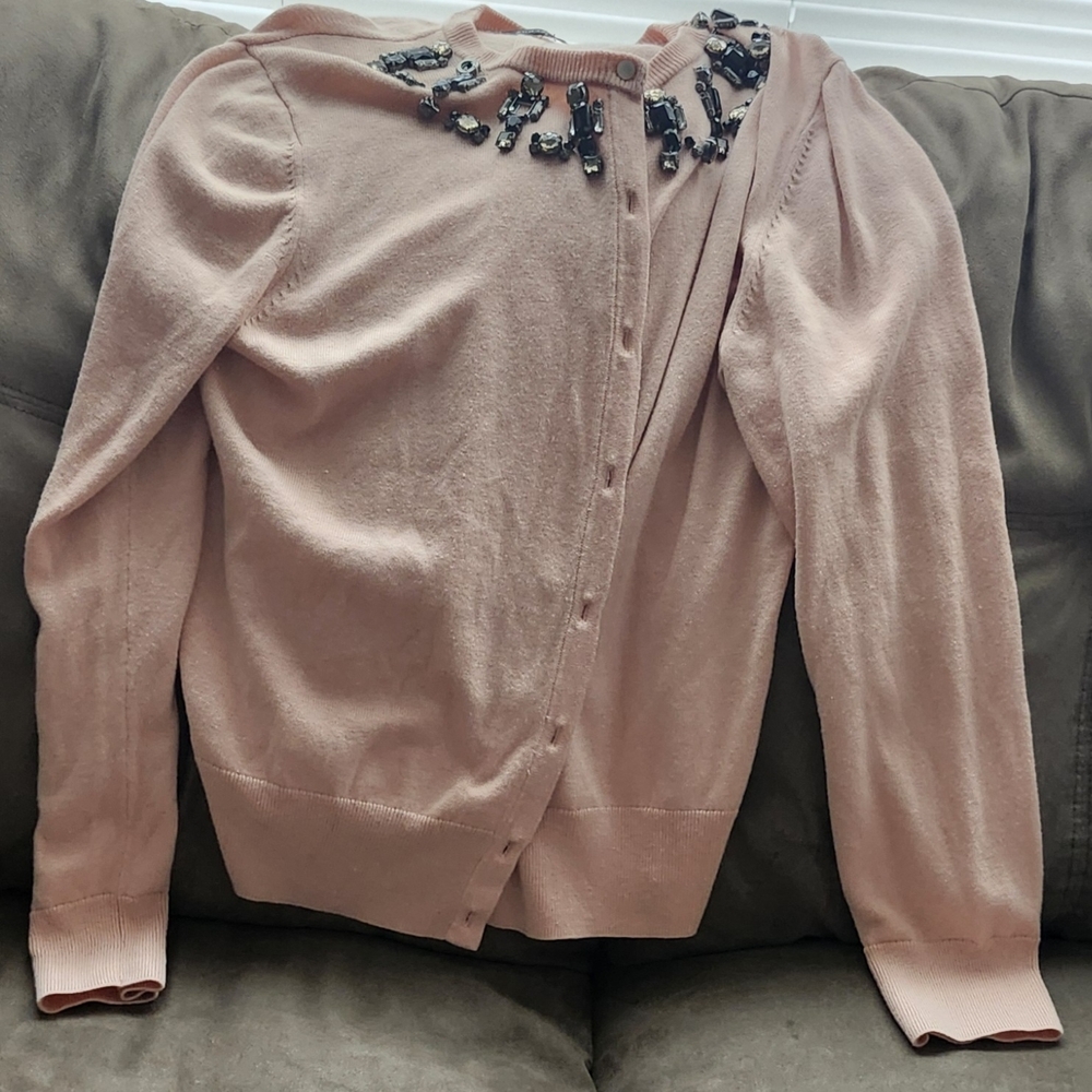 Ann Taylor Blush Pink Embellished Button-Front Cardigan